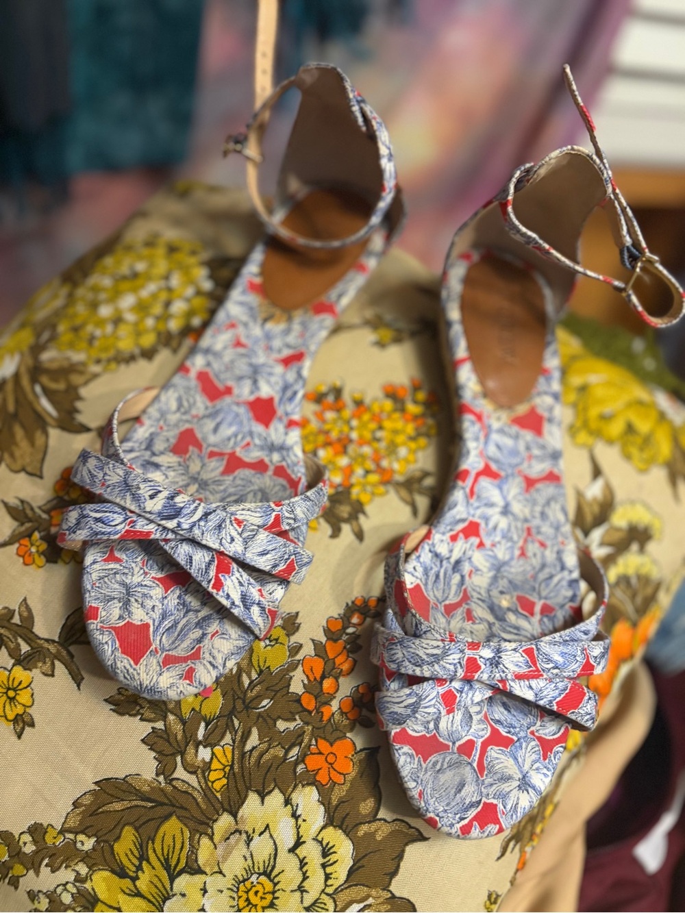 J. Crew x Liberty Art Floral Ankle-Strap Espadrille Sandals - Blue & Red GUC 10